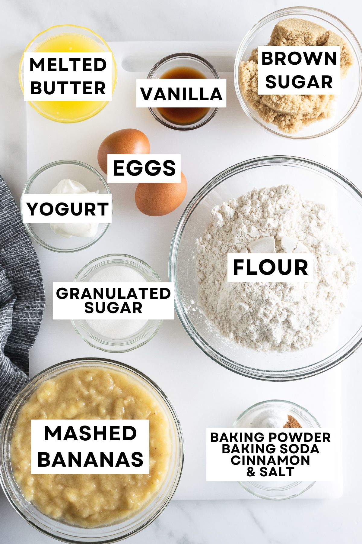 ingredients for banana muffins in bowls
