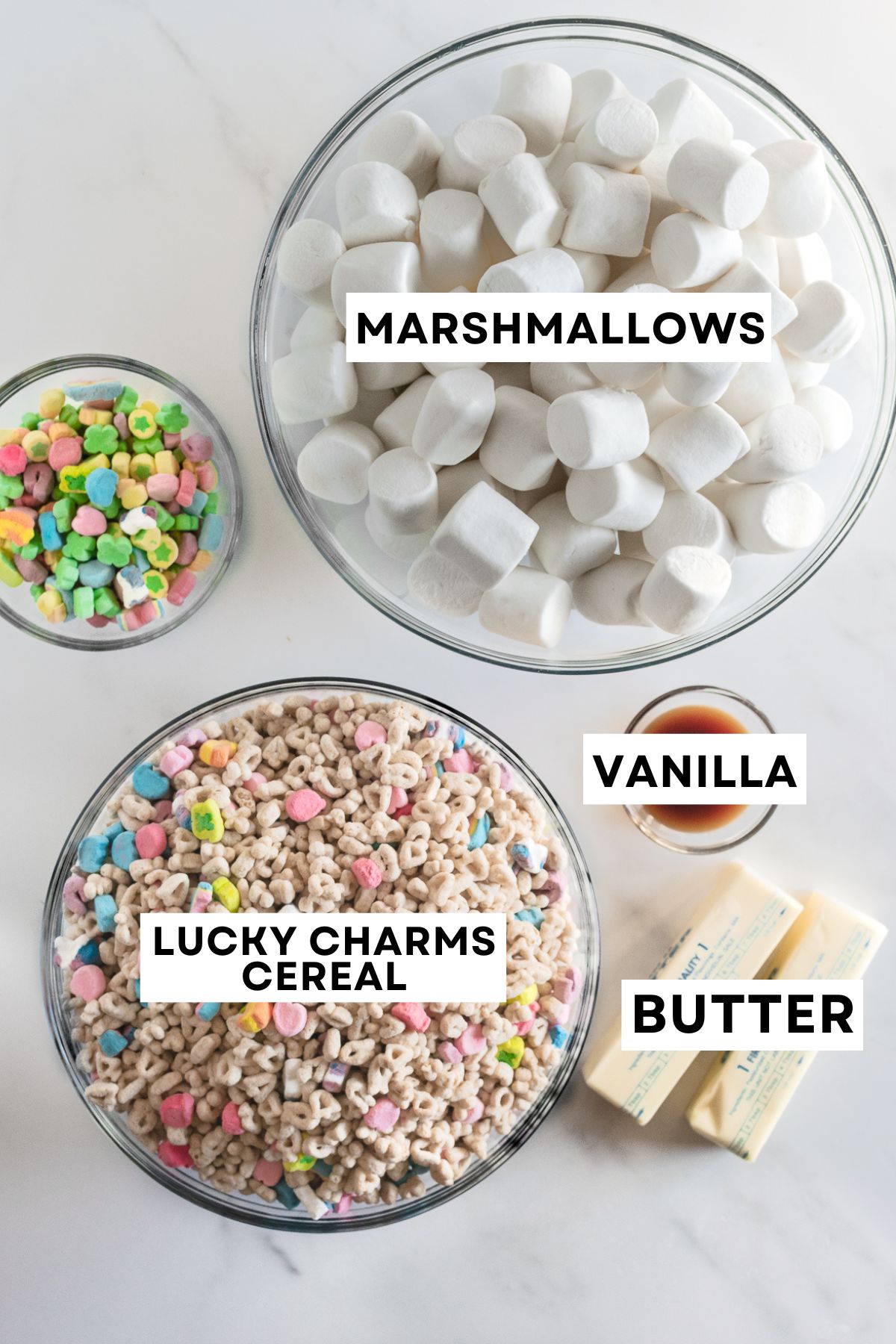 ingredients in bowls for lucky charms rice krispie treats