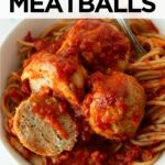 baked chicken parmesan meatballs in a white bowl with spaghetti and a fork.
