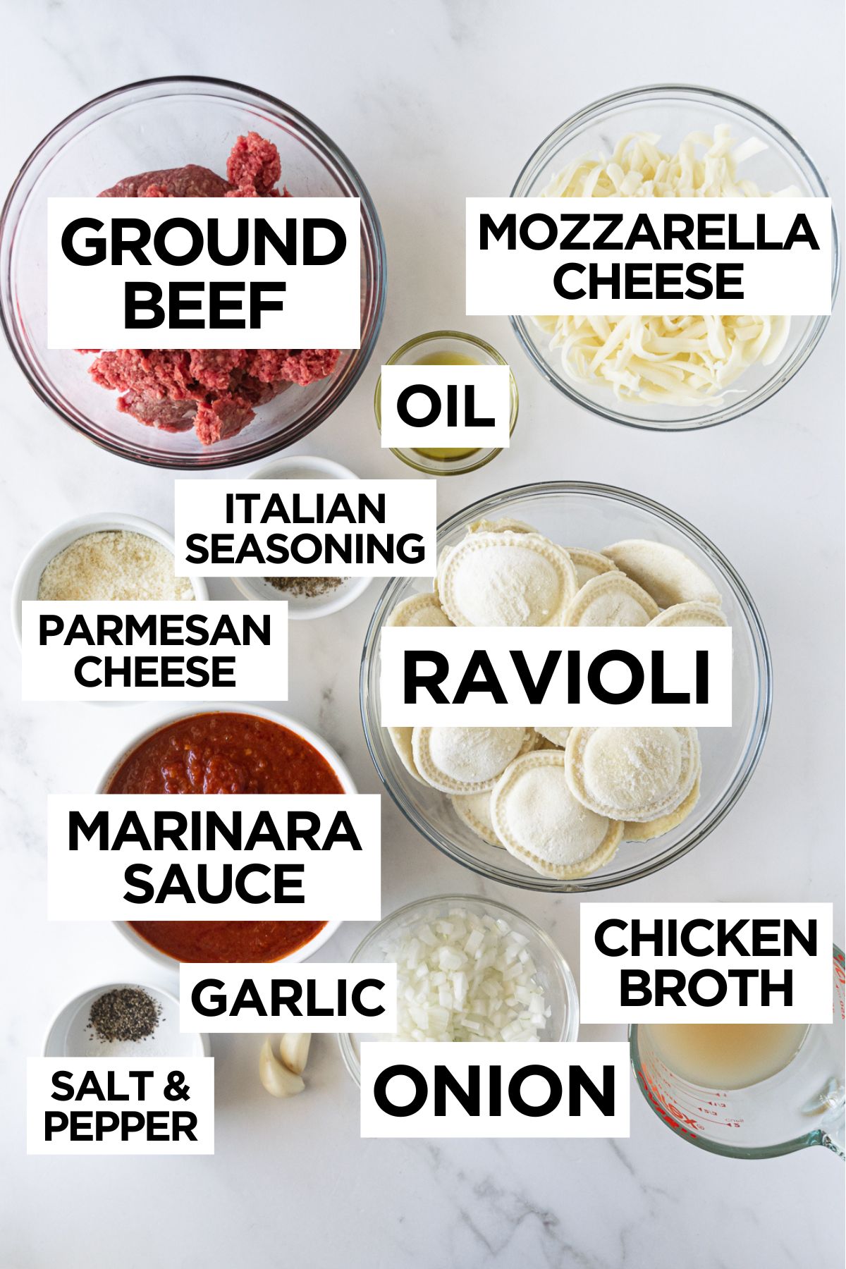 baked frozen ravioli ingredients such as ground beef, cheese, seasoning, marinara sauce, ravioli, etc.