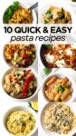 collage of 8 pasta dishes in white bowls.