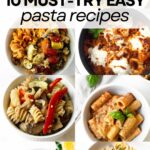 collage of 8 pasta dishes in white bowls.