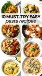 collage of 8 pasta dishes in white bowls.