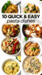 collage of 8 pasta dishes in white bowls.