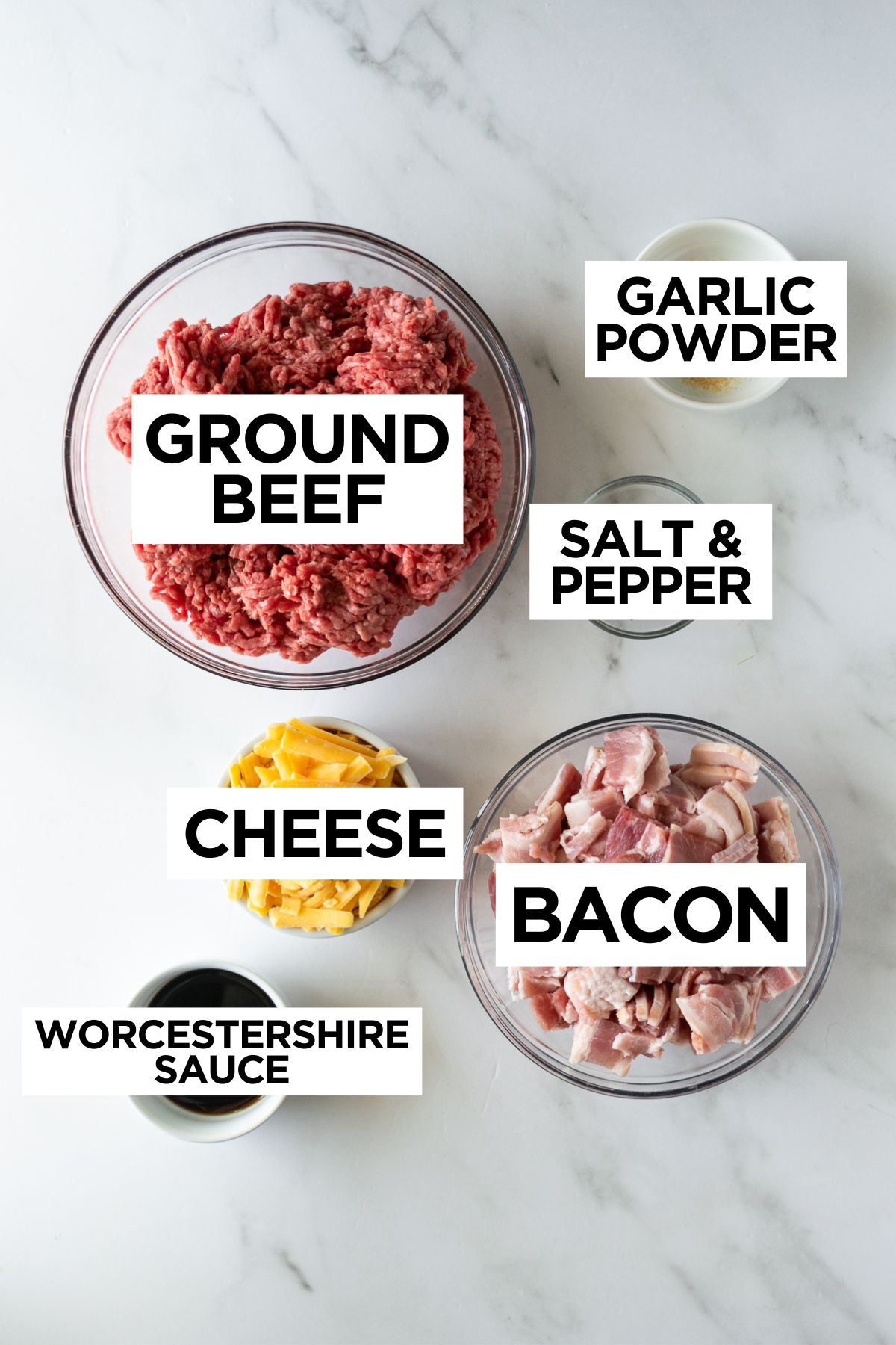 bacon cheeseburger ingredients such as beef, garlic powder, salt, pepper, cheese, bacon and worcestershire sauce.