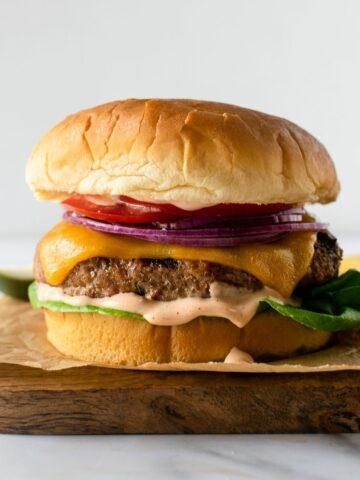 If you're craving BIG flavor, you need to make these turkey burgers. This grilled turkey burger recipe proves that ground turkey can produce a flavorful, juicy burger just like a traditional beef burger. Trust me, these turkey burgers will exceed your expectations and become a favorite!