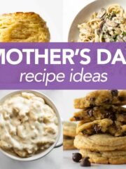 collection of mother's day recipes including biscuits, creamy mushroom pasta, macaroni and cheese, cookies, cinnamon rolls and pasta salad.