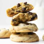 stacked soft baked chocolate chip cookies.