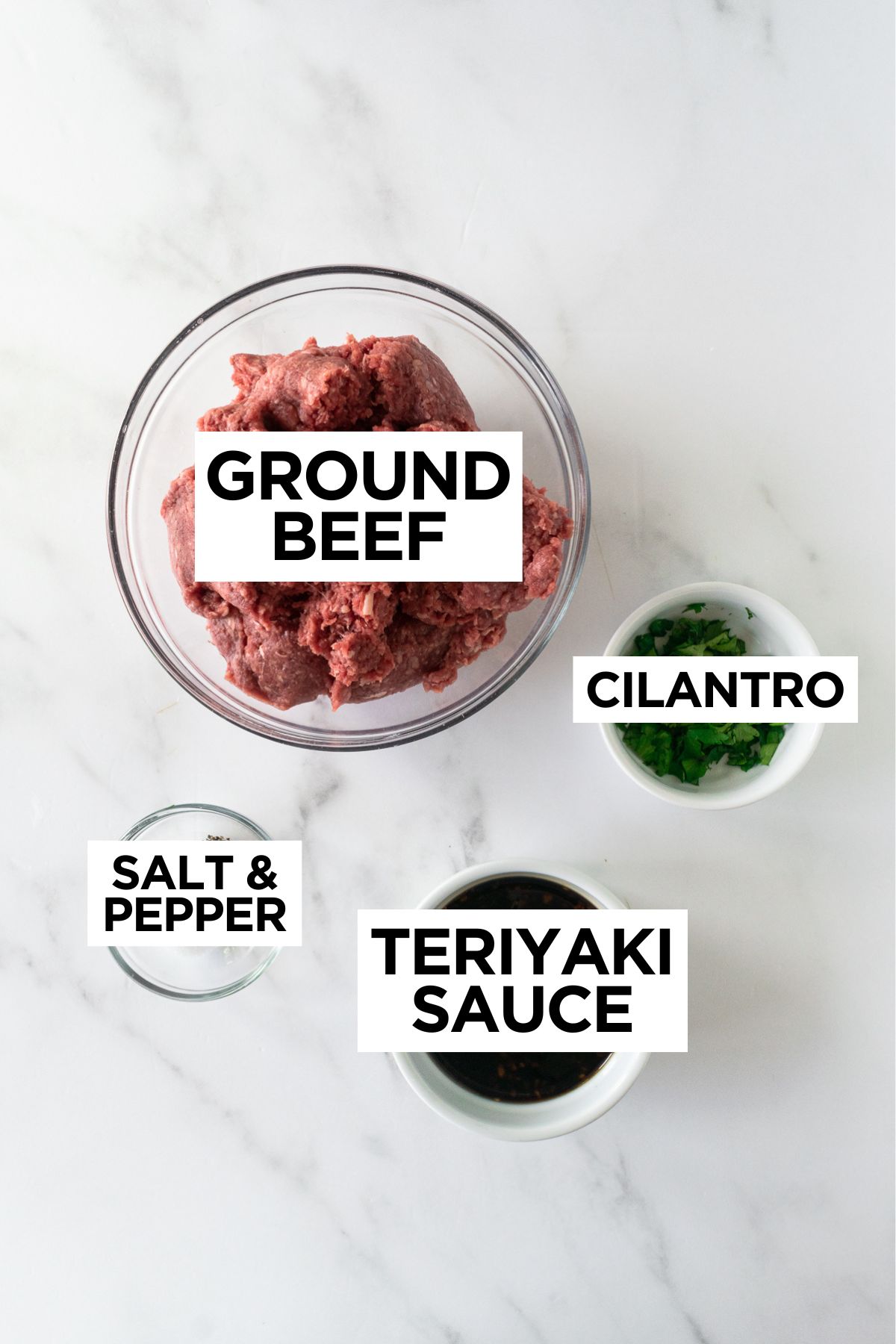 ingredients for teriyaki burgers in bowls such as ground beef, cilantro, salt, pepper, and teriyaki sauce.