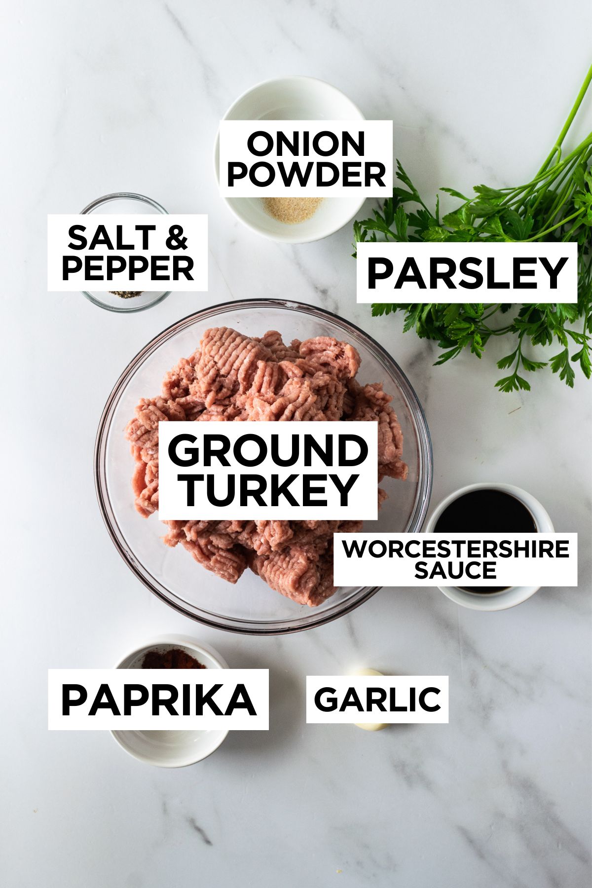 turkey burger ingredients such as beef, onion powder, salt, pepper, garlic, parsley and worcestershire sauce.