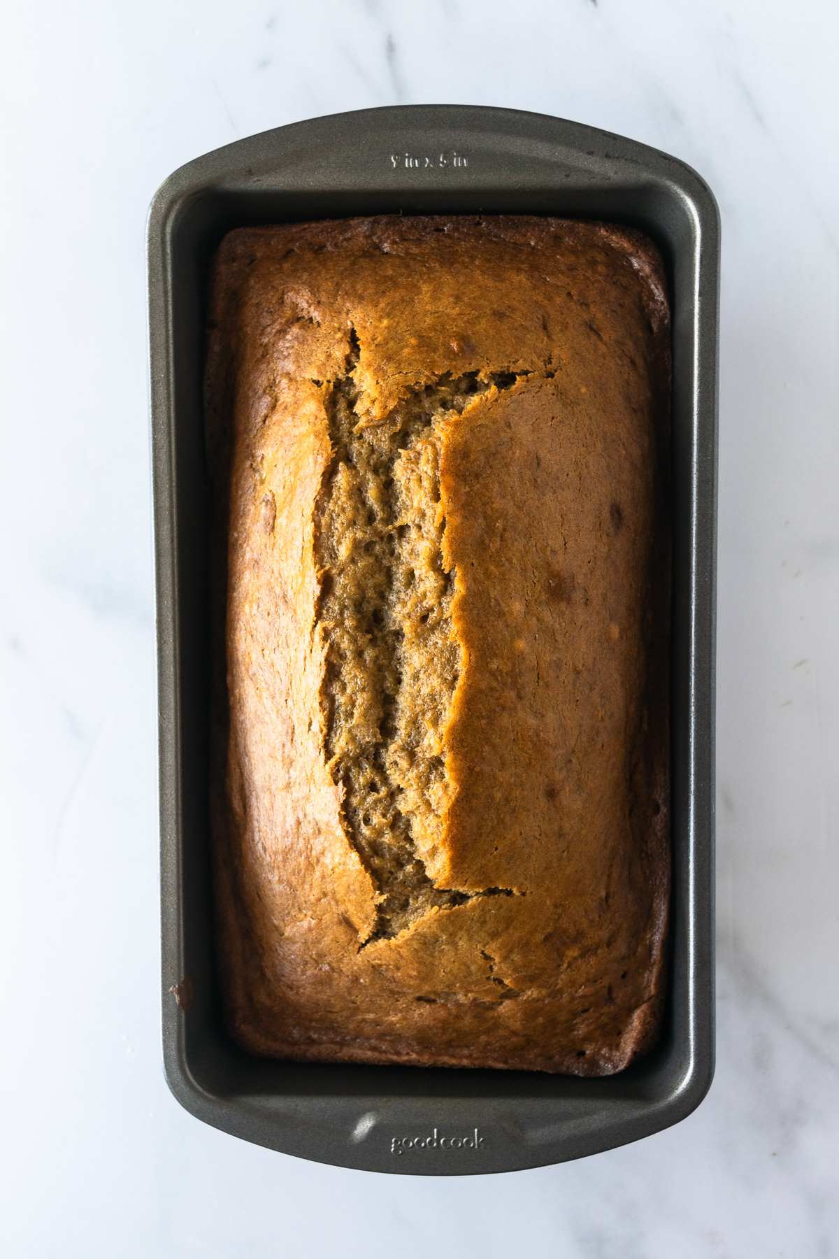 banana bread in a loaf pan.