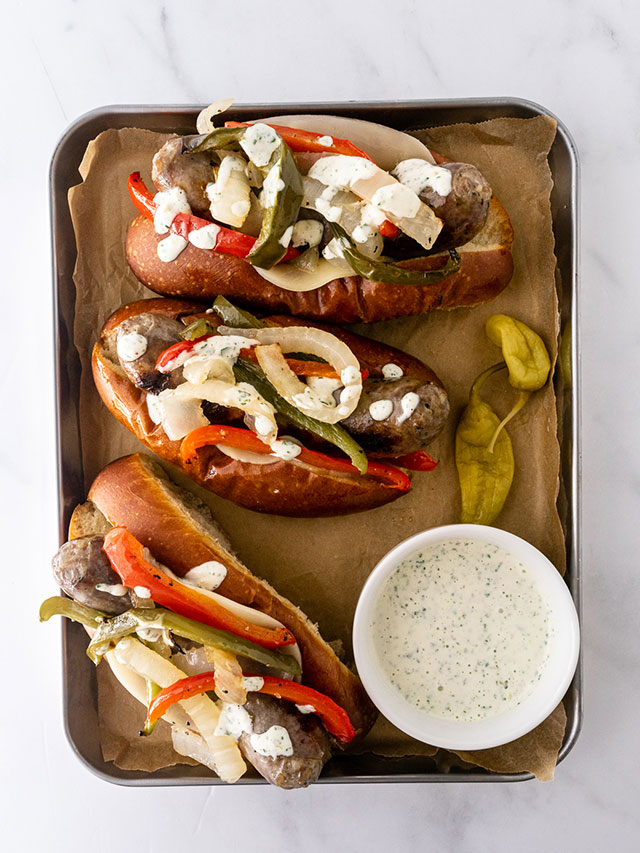 Sheet Pan Sausage and Peppers (With Garlic Aioli)