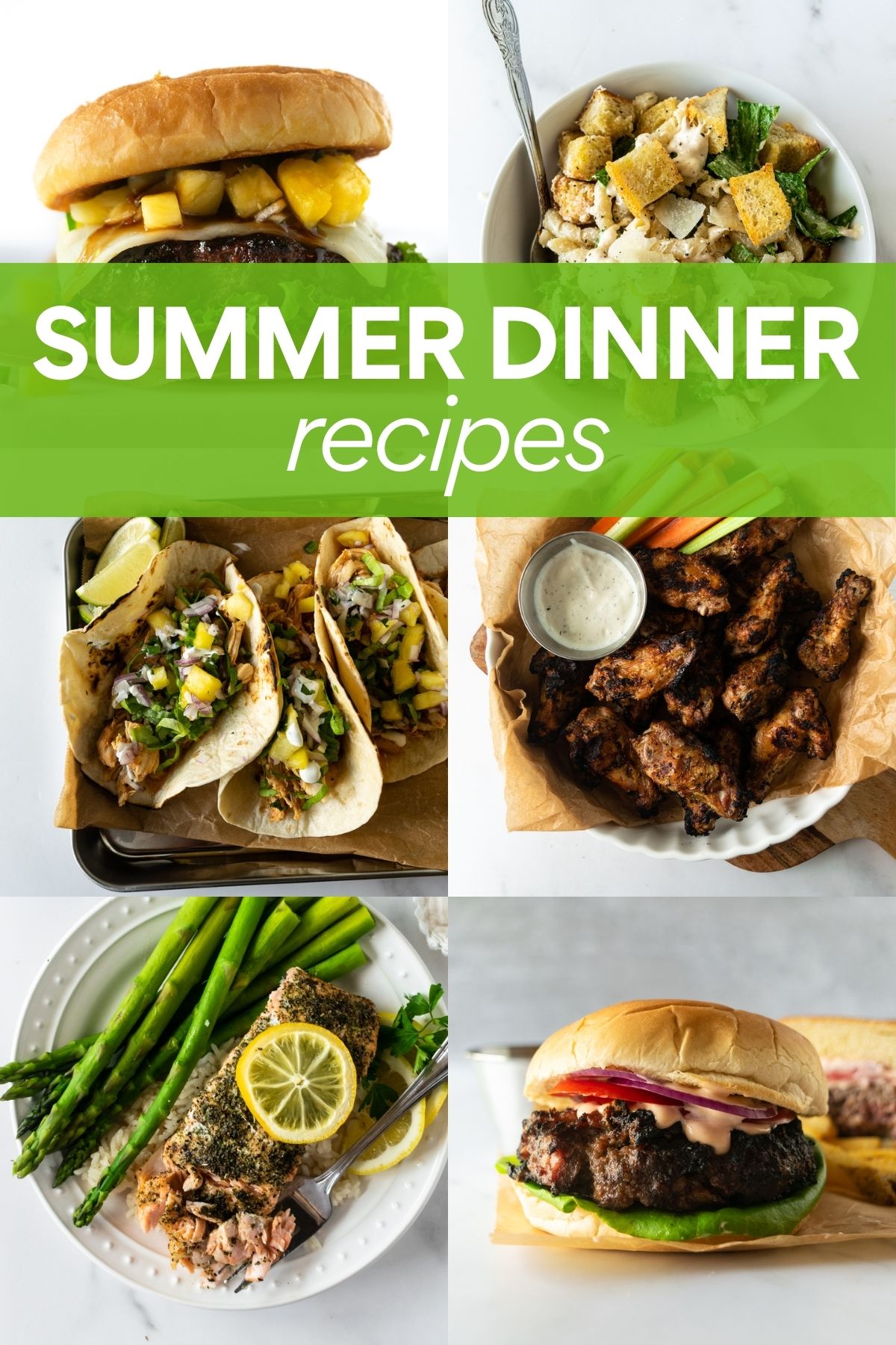 collage of summer dinner recipes with text overlay.