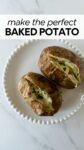 two oven baked potatoes on a white plate sliced open with chopped parsley with overlay text.