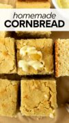 squares of homemade cornbread with a smear of butter and honey on parchment paper with text overlay.