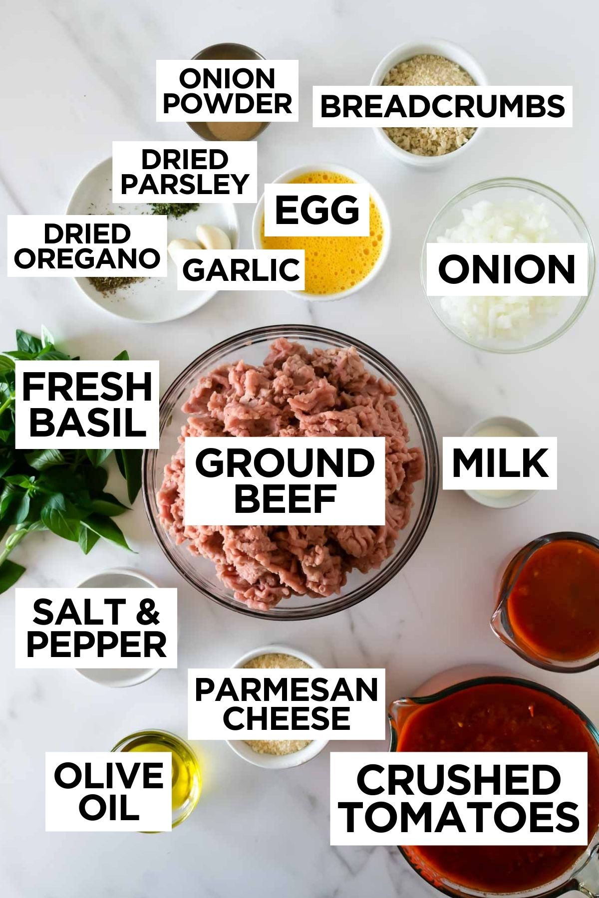 ingredients for slow cooker turkey meatballs in bowls on a white table.