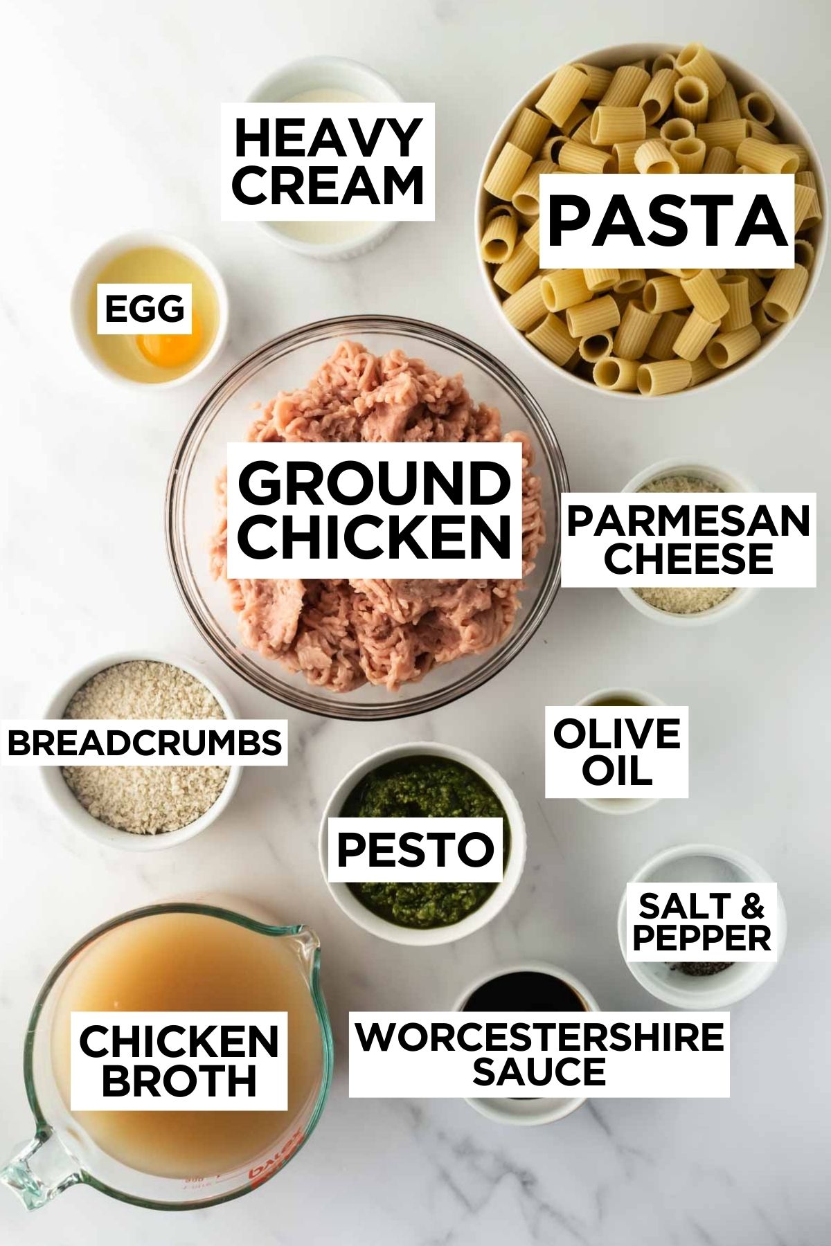 ingredients for chicken pesto meatballs with overlay text of ingredient names on a white table.