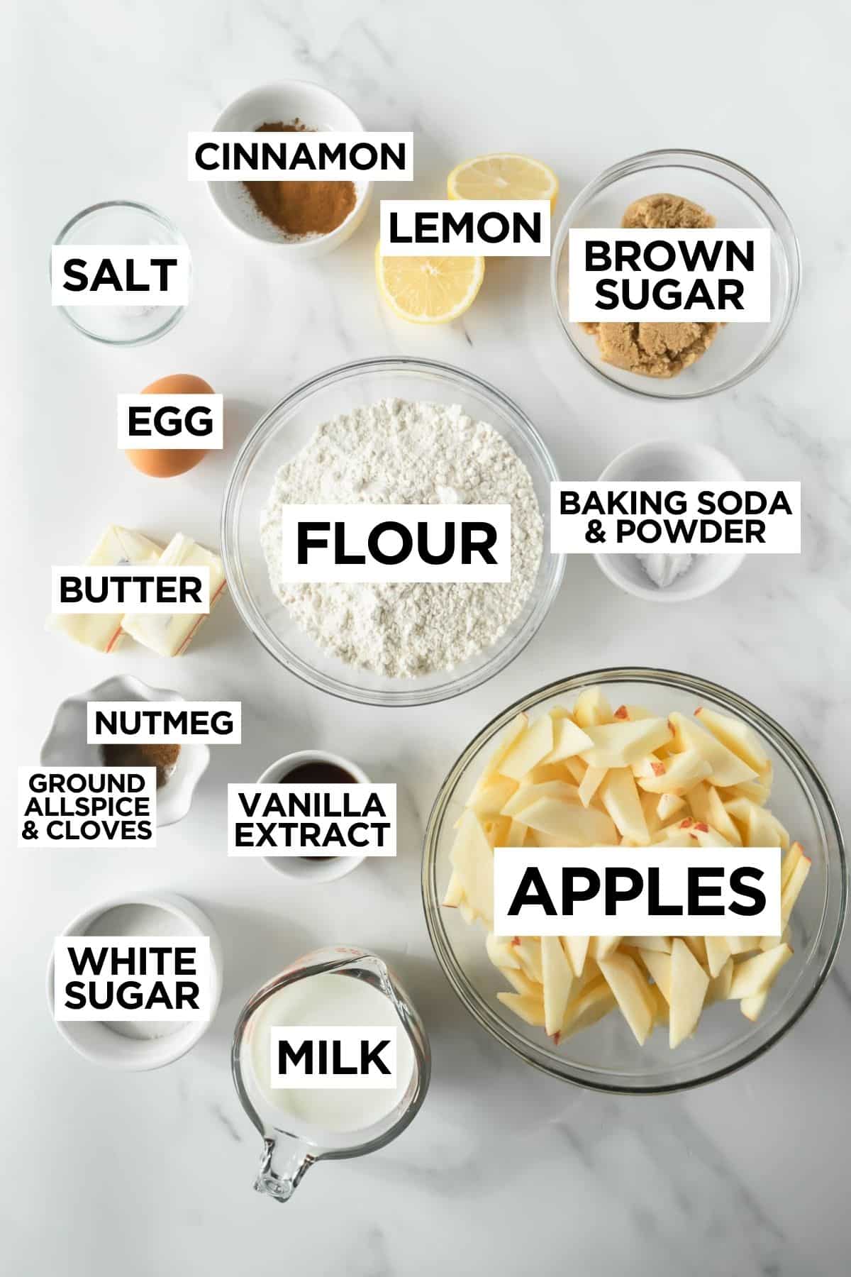 baked apple cinnamon pancake ingredients with overlay text.