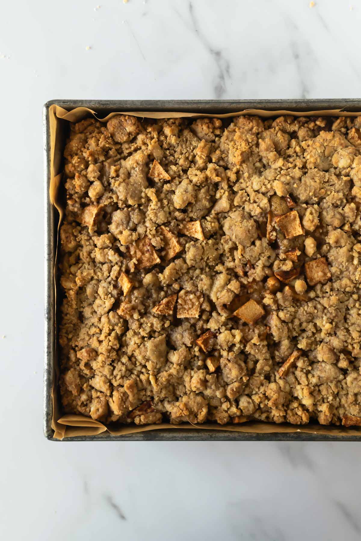 baked apple crumb cake in a baking pan on a white table.