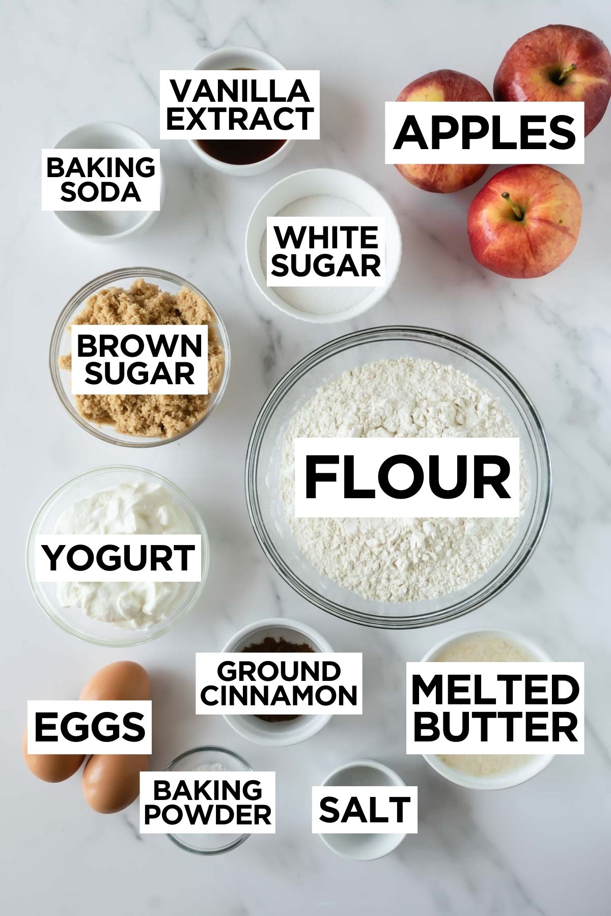 ingredients for apple crumb cake in bowl with overlay text.