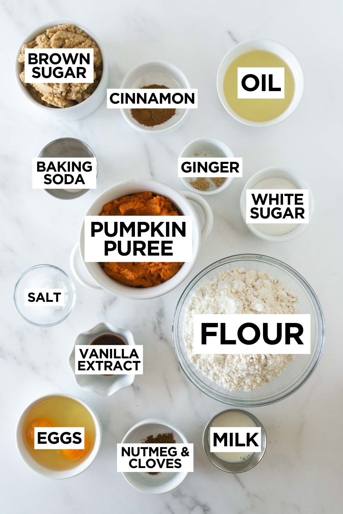 ingredients for homemade pumpkin bread in bowls on a white table with overlay text of ingredient names.