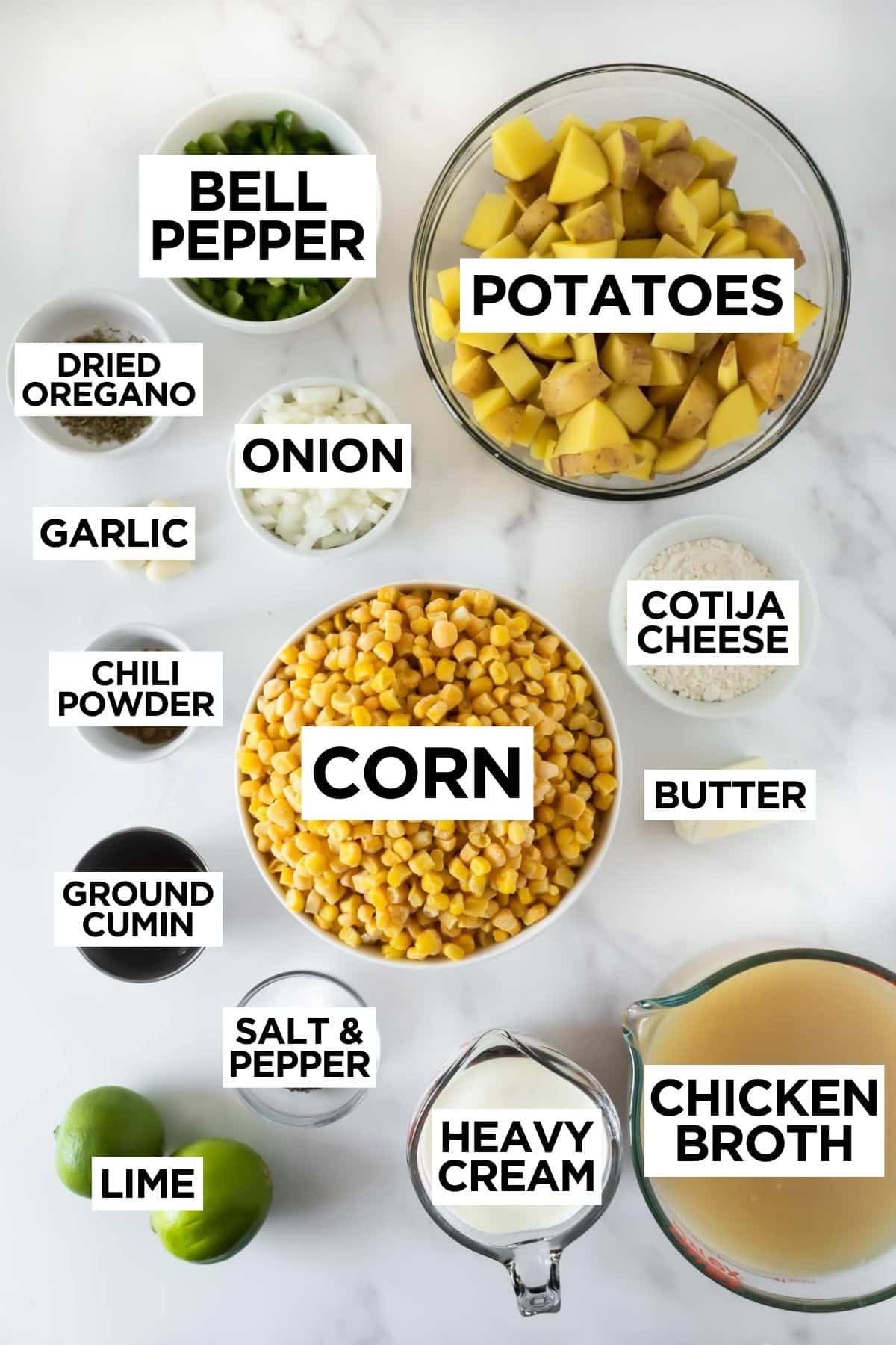 ingredients for Mexican street corn soup in bowls on a white table with overlay text.