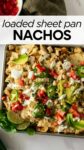 nachos on a baking sheet with overlay text "loaded sheet pan nachos".