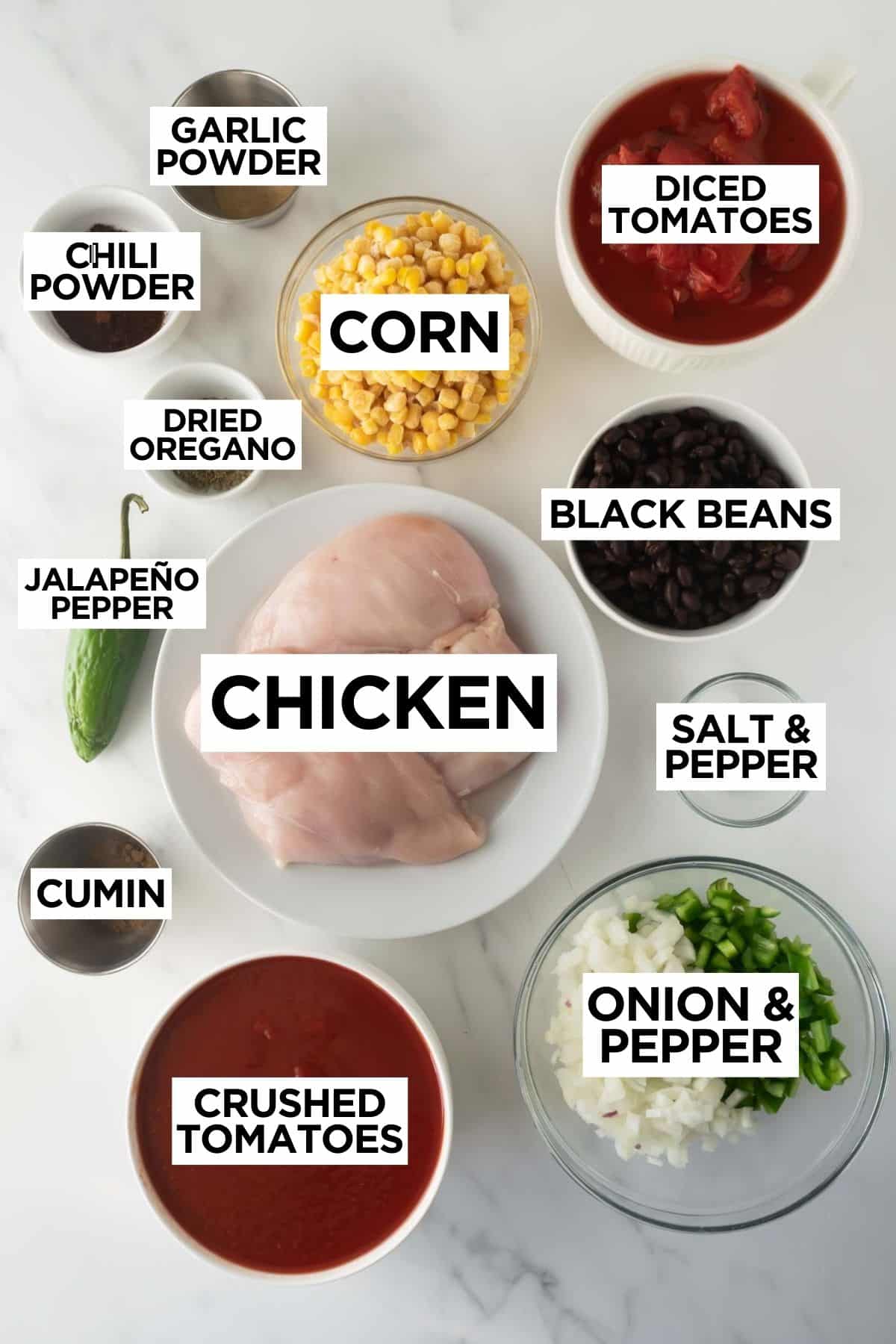 ingredients for slow cooker chicken chili with overlay text such as "corn", "black beans", etc.