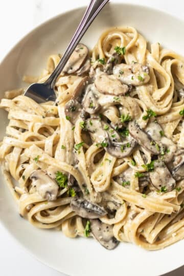 mushroom pasta with twirled on a fork in a white bowl.