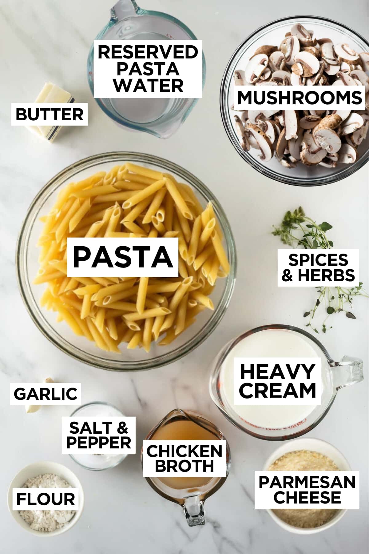 creamy mushroom pasta ingredients with overlay text.