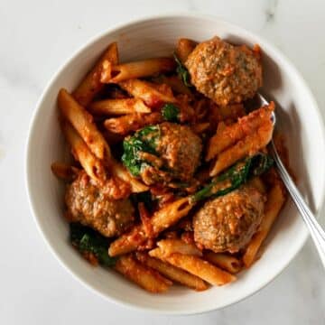 penne pasta bake with meatballs.