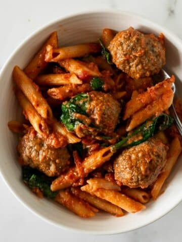 penne pasta bake with meatballs.