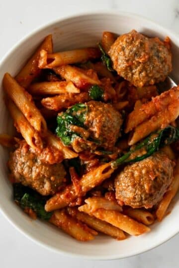 penne pasta bake with meatballs.