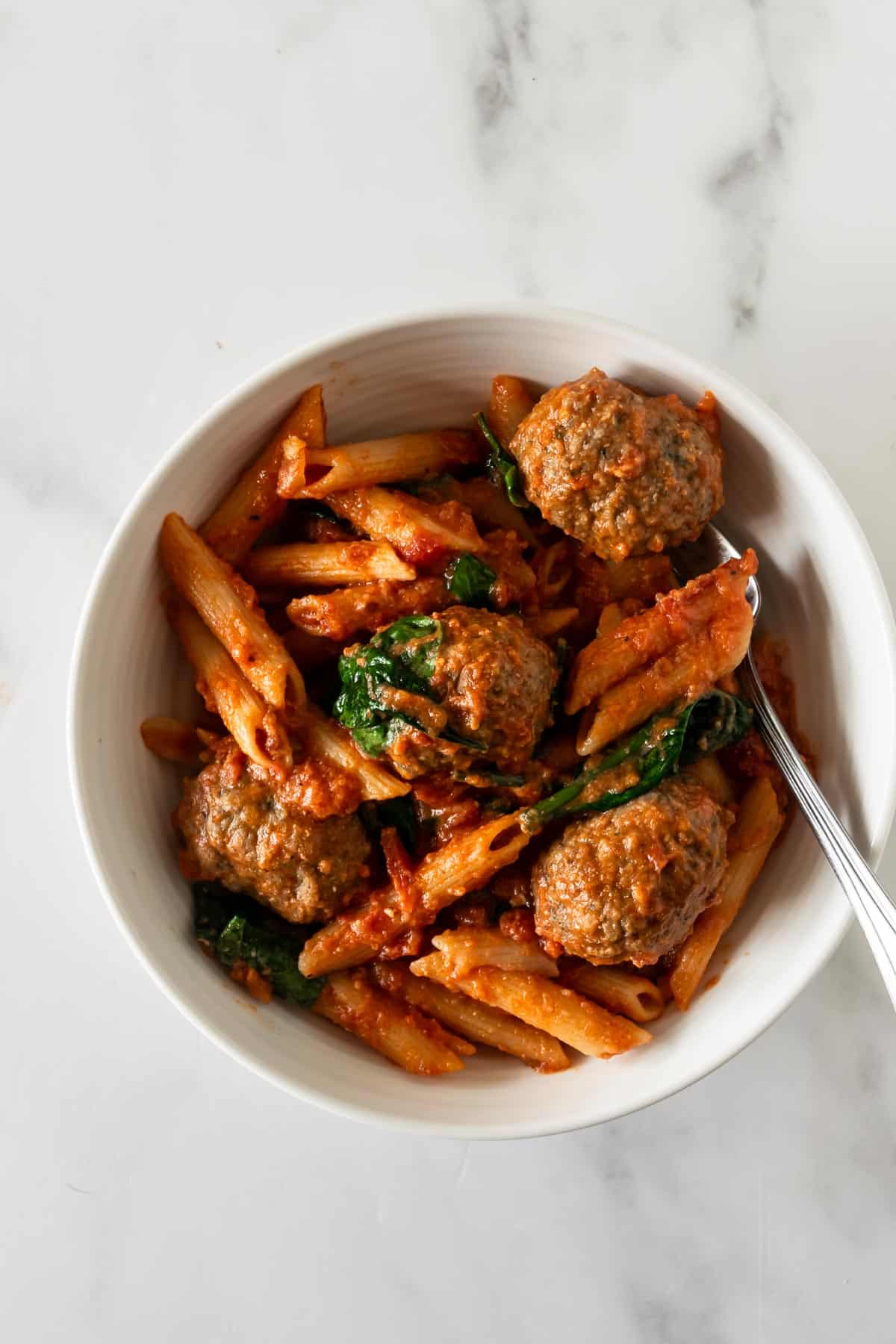 no boil penne pasta bake with meatballs.