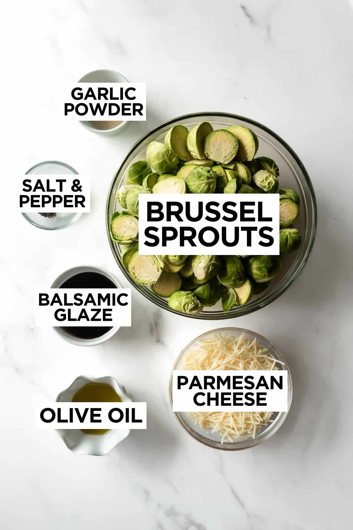 parmesan brussel sprouts ingredients in bowls.