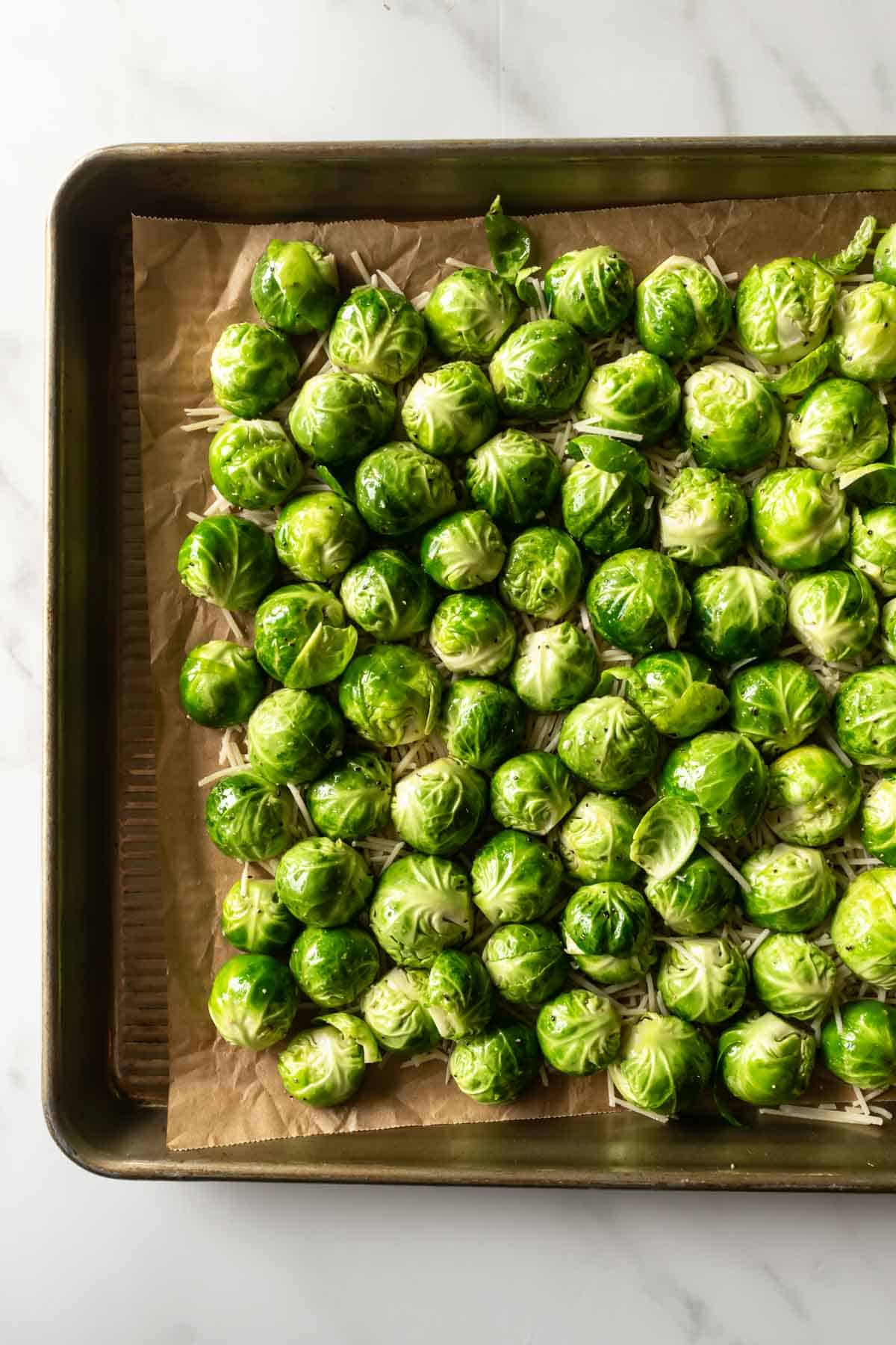 brussels sprouts sitting on parmesan cheese on a baking sheet.