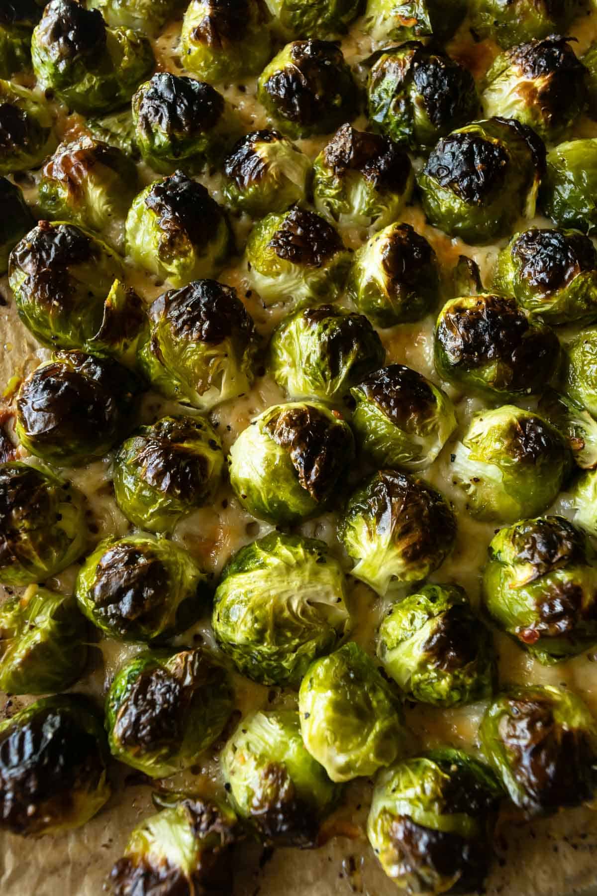 roasted brussels sprouts on a baking sheet.