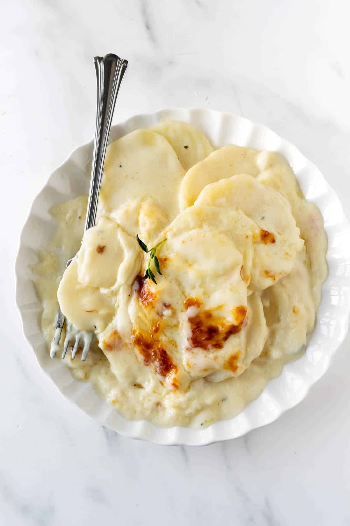 scalloped potatoes on a white plate with a fork.