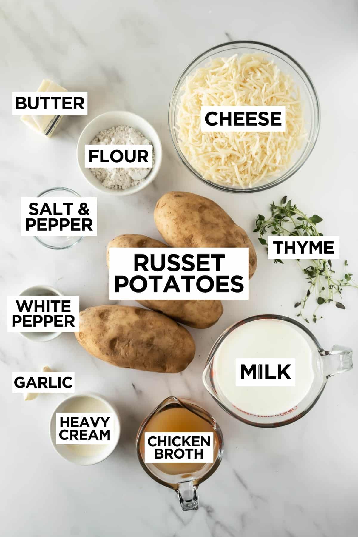 ingredients for scalloped potatoes with overlay text.