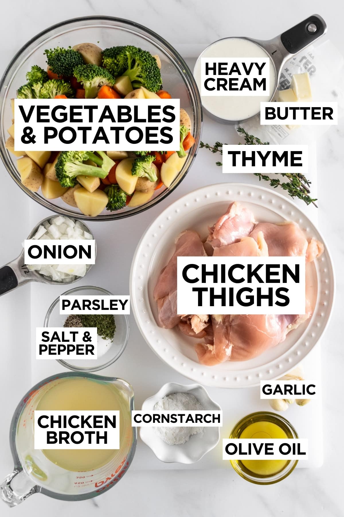 ingredients for creamy garlic chicken with overlay text.