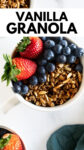 granola in a bowl topped with fruit with overlay text.