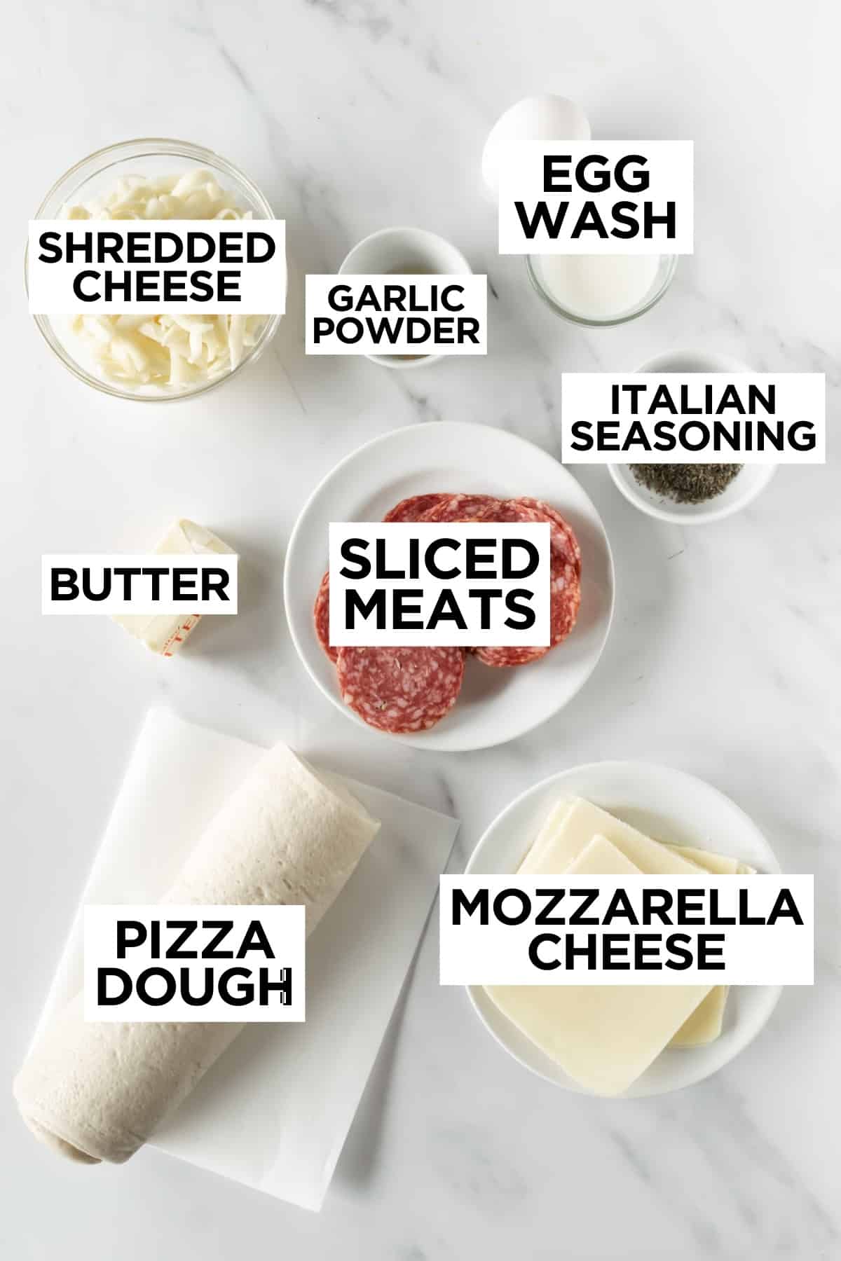 ingredients for homemade stromboli with overlay text.