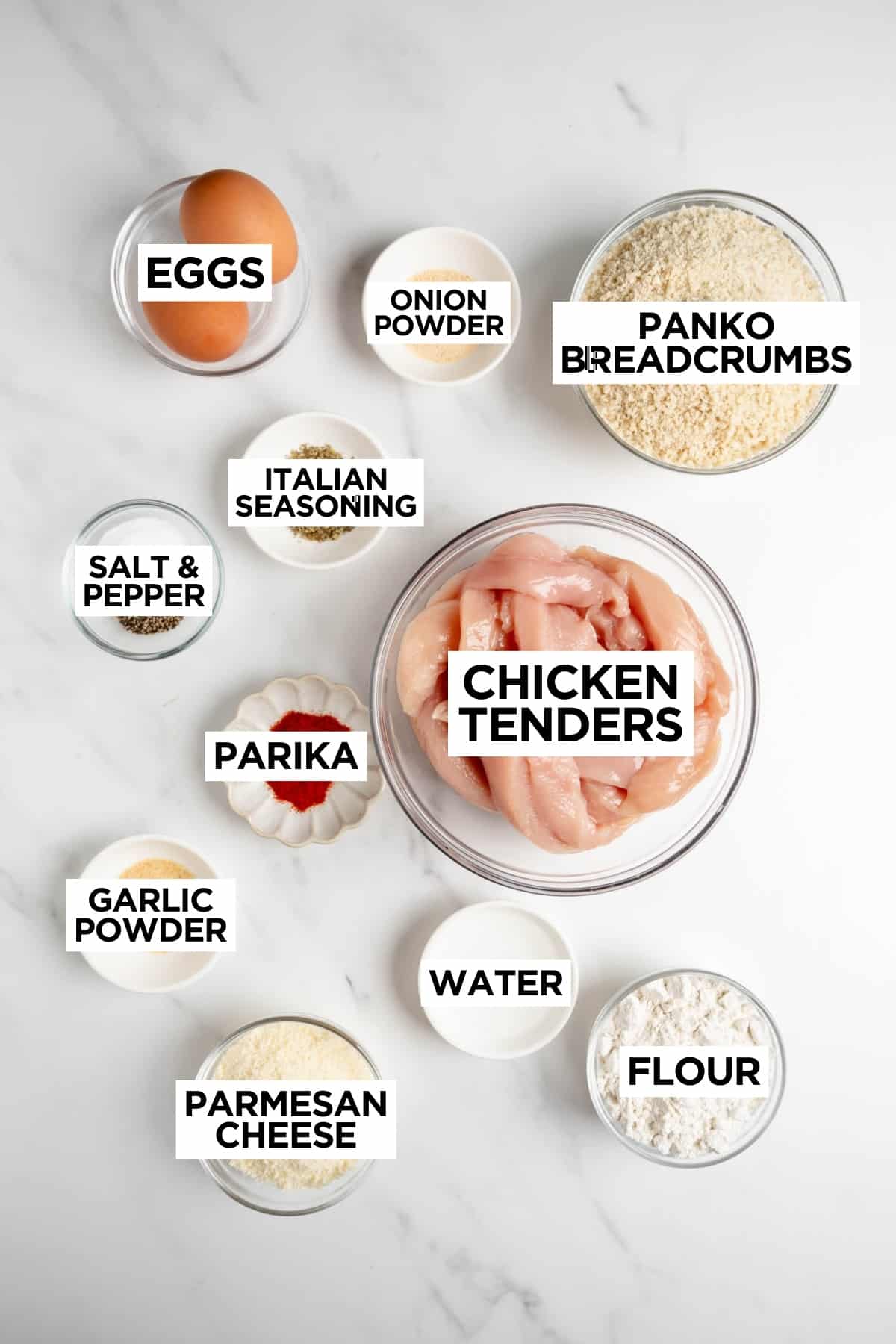 baked chicken tender ingredients in bowls on a table with overlay text.