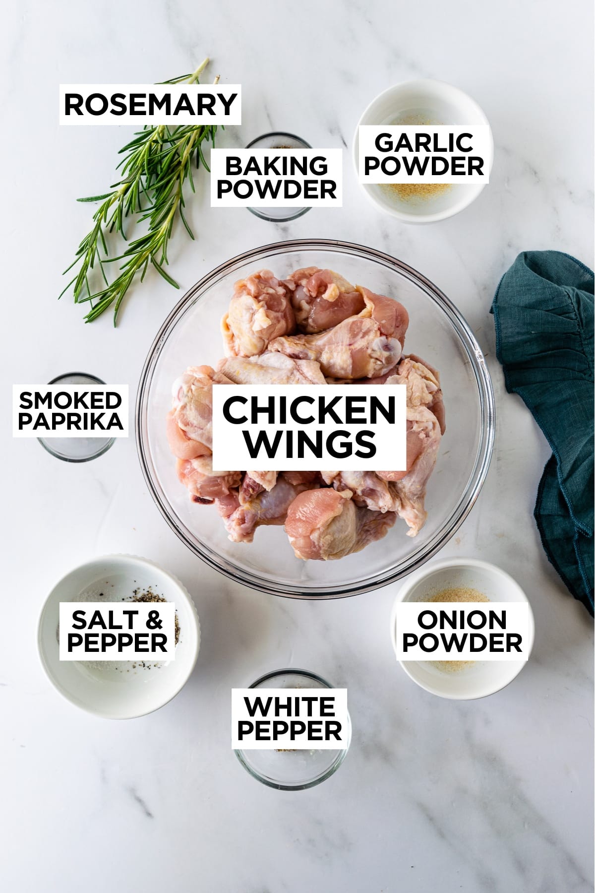 baked chicken wings ingredients in bowls over overlay text.