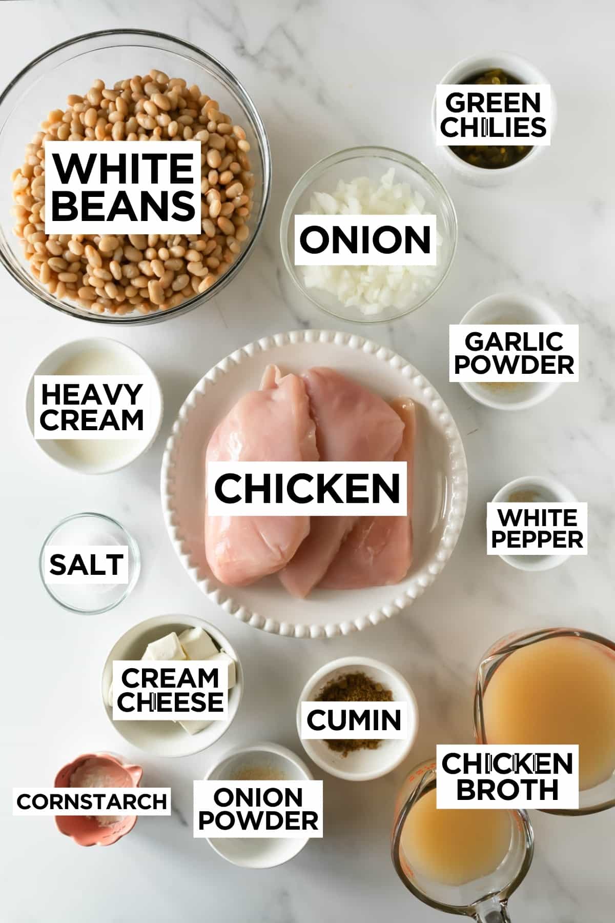 ingredients for white chicken chili with overlay text.