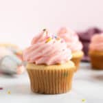 funfetti cupcake with pink frosting and sprinkles.