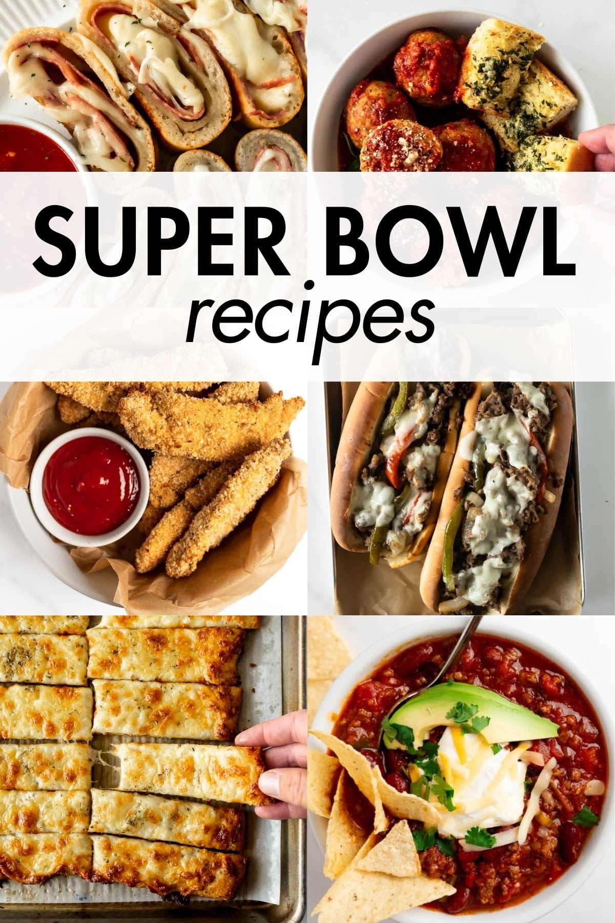 collage of six super bowl recipes with overlay text.