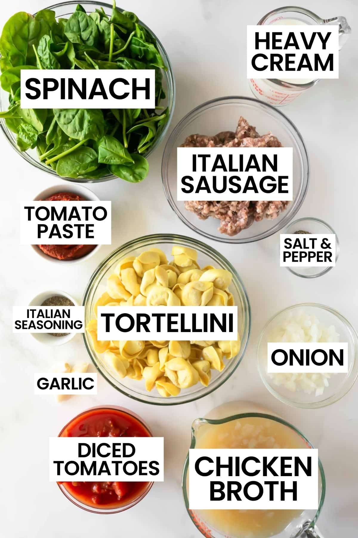 creamy tortellini soup ingredients in bowls with overlay text.