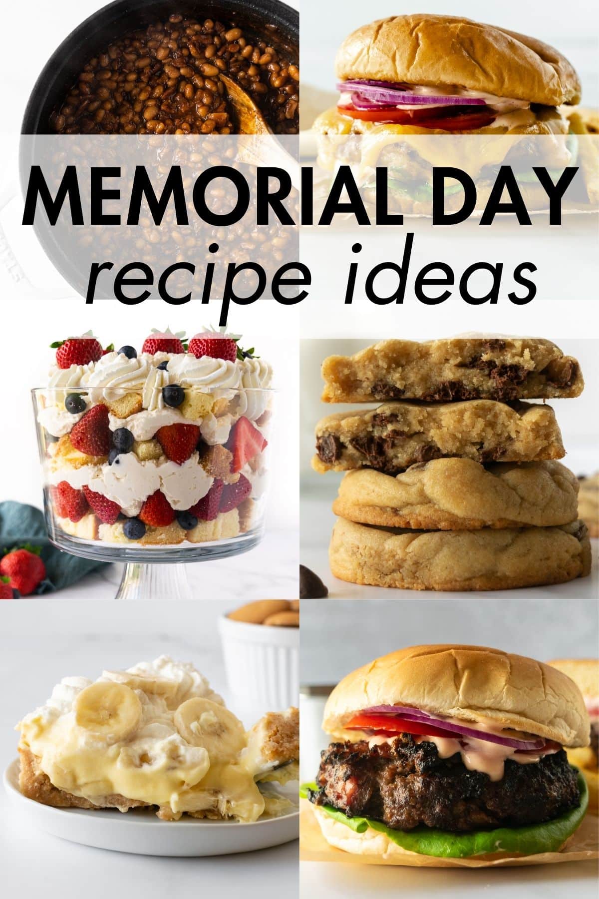 6 images in a collage of Memorial day recipes.