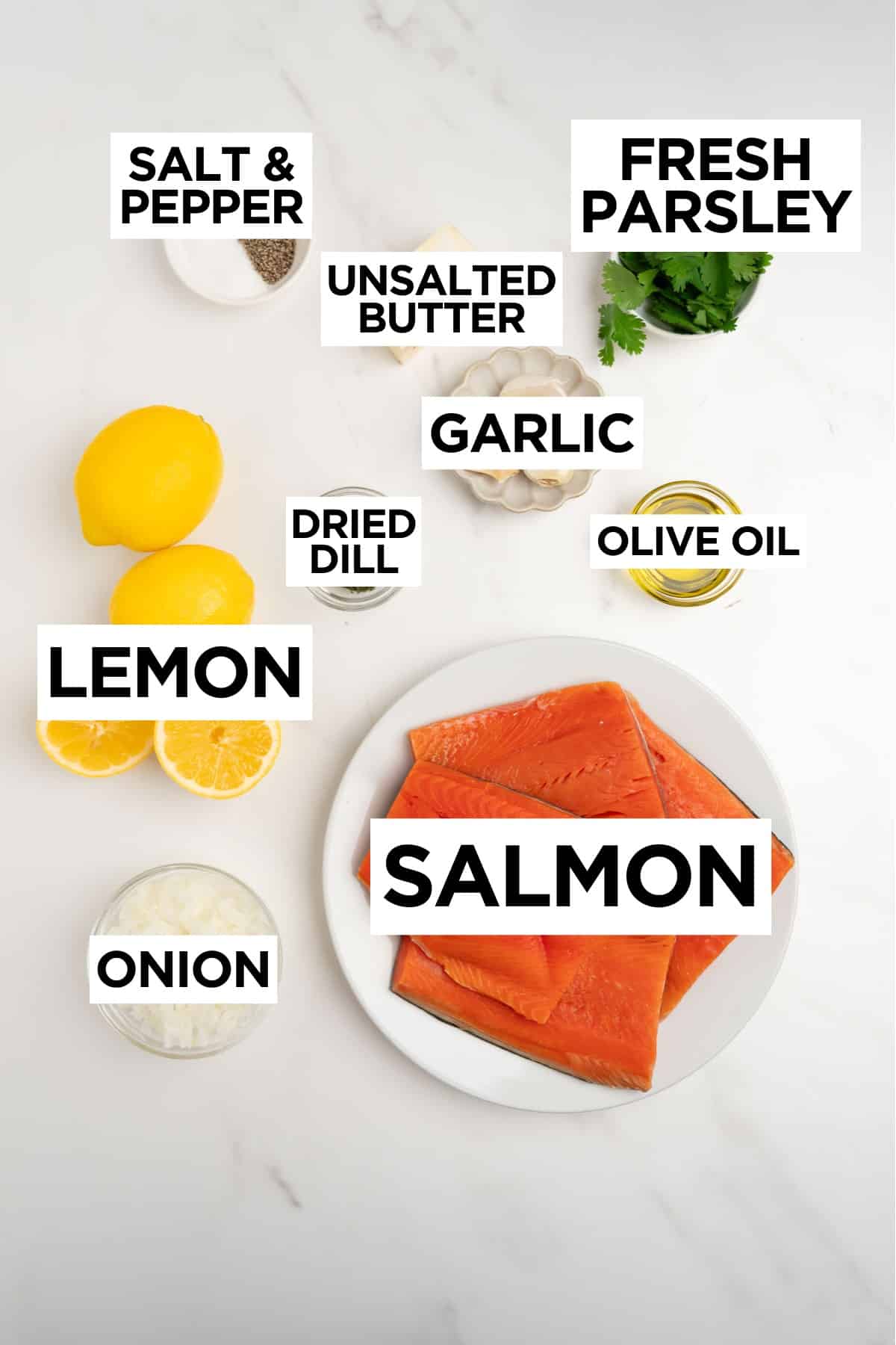 ingredients for lemon garlic salmon in bowls with overlay text.